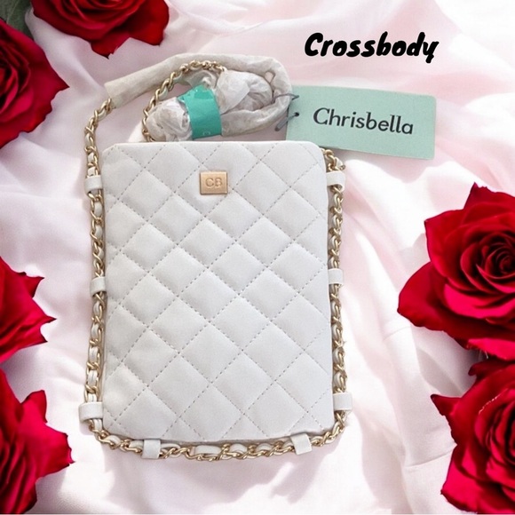 Chrisbella NWT Leather Quilted White Crossbody Bag Pouch Gold Chain Beautiful - Picture 1 of 10